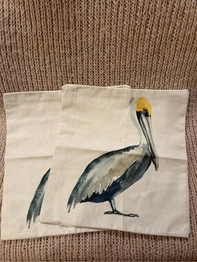 Watercolor Pelican Canvas Pillow Cover - Yellow & Blue Bird Accent